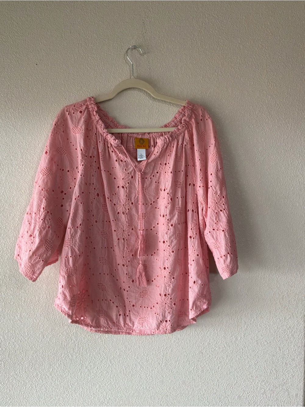 Ruby Rd. Light Pink Eyelet Peasant Top with Tassel Tie